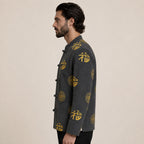 Patterned Frog-Button Wool Cardigan – Charcoal & Gold