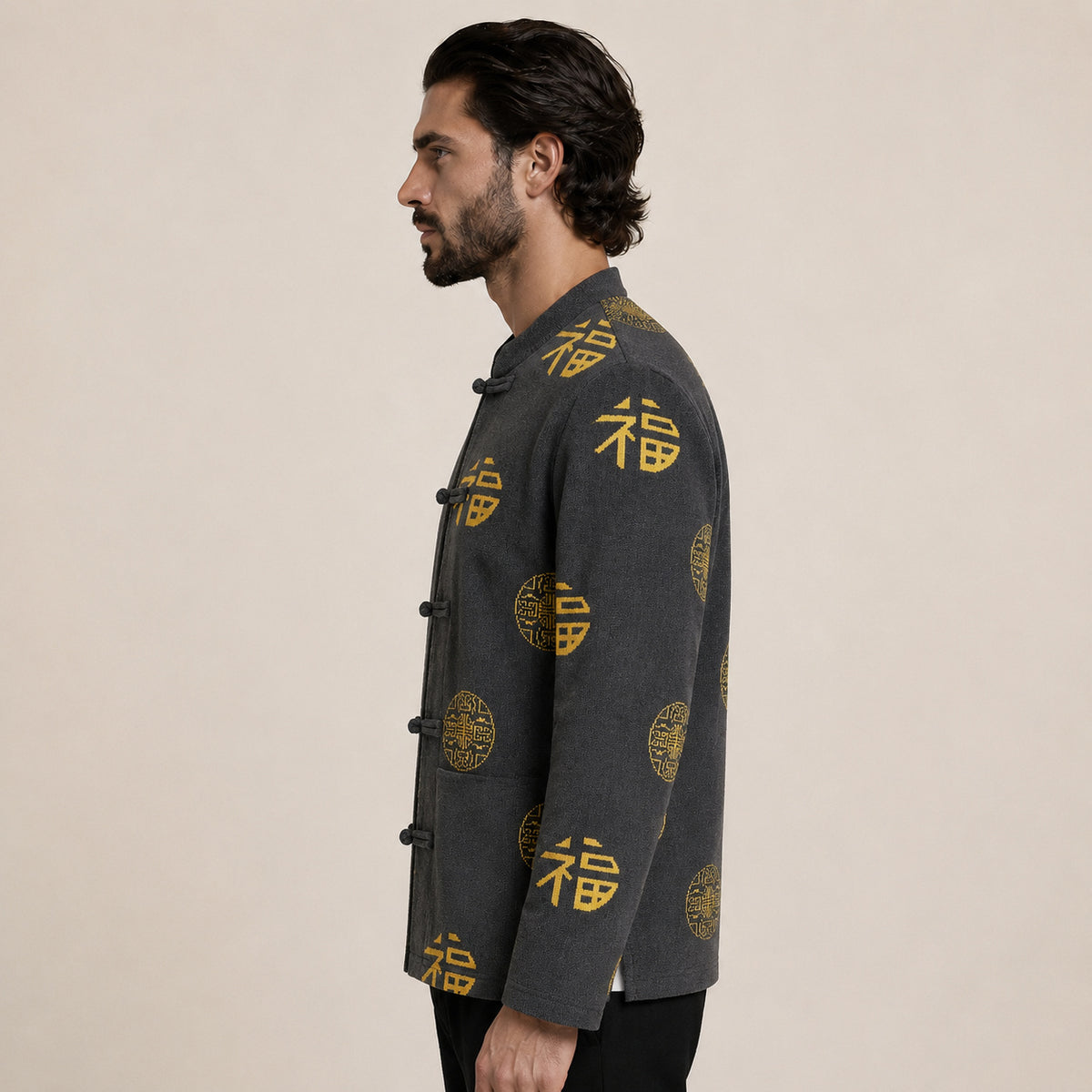 Patterned Frog-Button Wool Cardigan – Charcoal & Gold