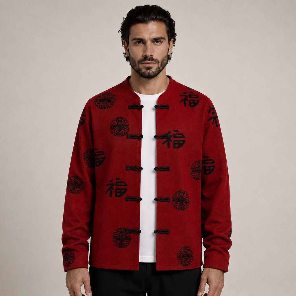 Patterned Frog-Button Wool Cardigan – Red & Black
