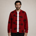 Patterned Frog-Button Wool Cardigan – Red & Black