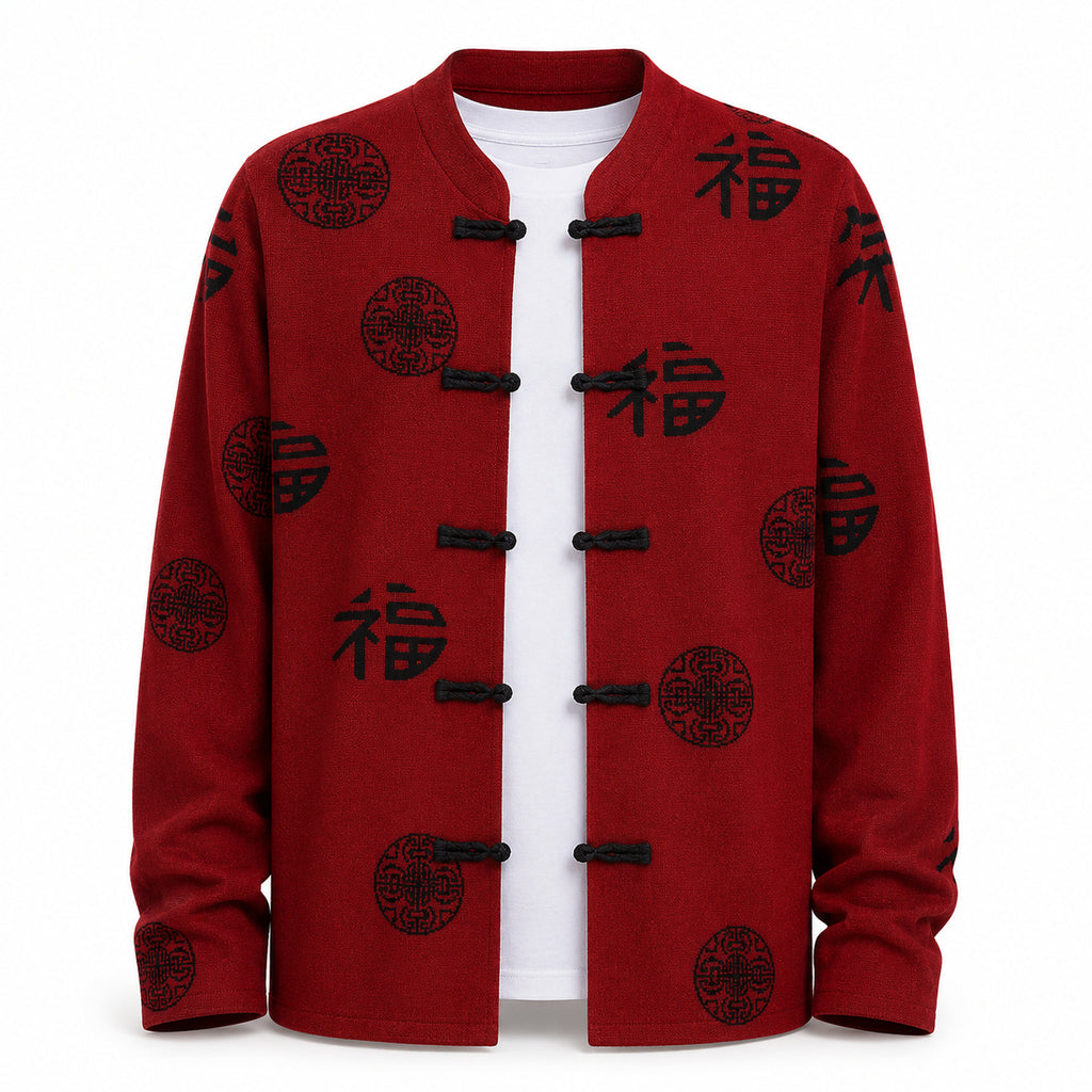 Patterned Frog-Button Wool Cardigan – Red & Black