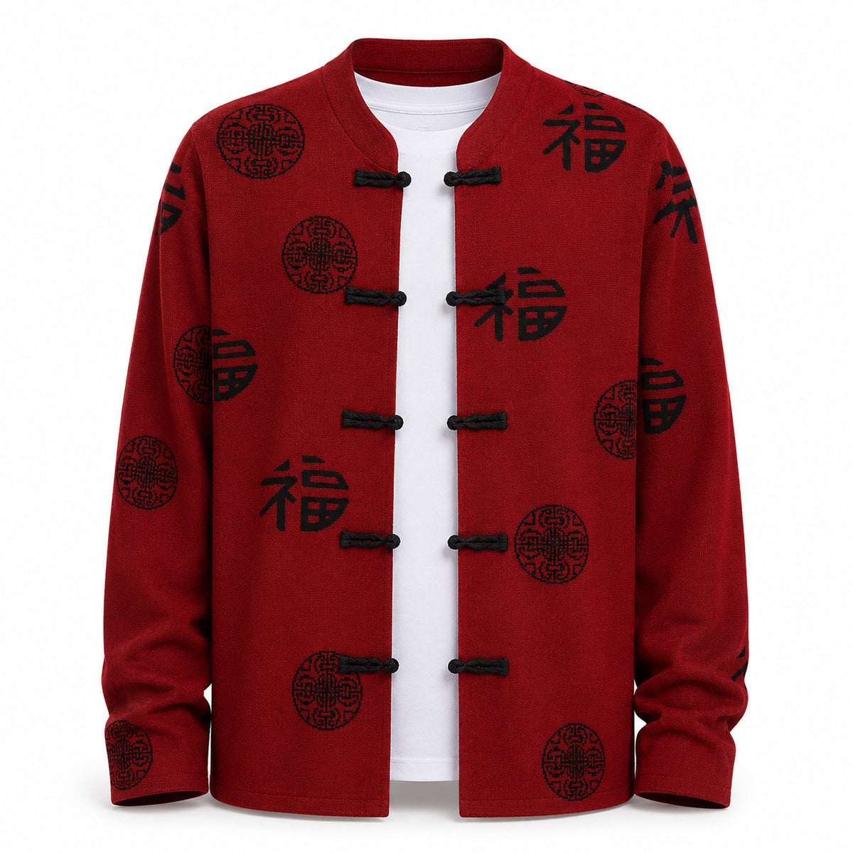 Patterned Frog-Button Wool Cardigan – Red & Black