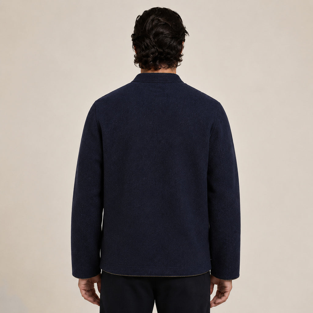 Embroidered Frog-Button Wool Cardigan – Navy & Gold