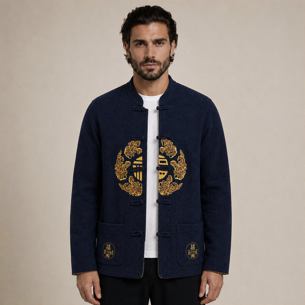 Embroidered Frog-Button Wool Cardigan – Navy & Gold