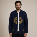 Embroidered Frog-Button Wool Cardigan – Navy & Gold