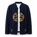 Embroidered Frog-Button Wool Cardigan – Navy & Gold