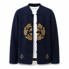 Embroidered Frog-Button Wool Cardigan – Navy & Gold