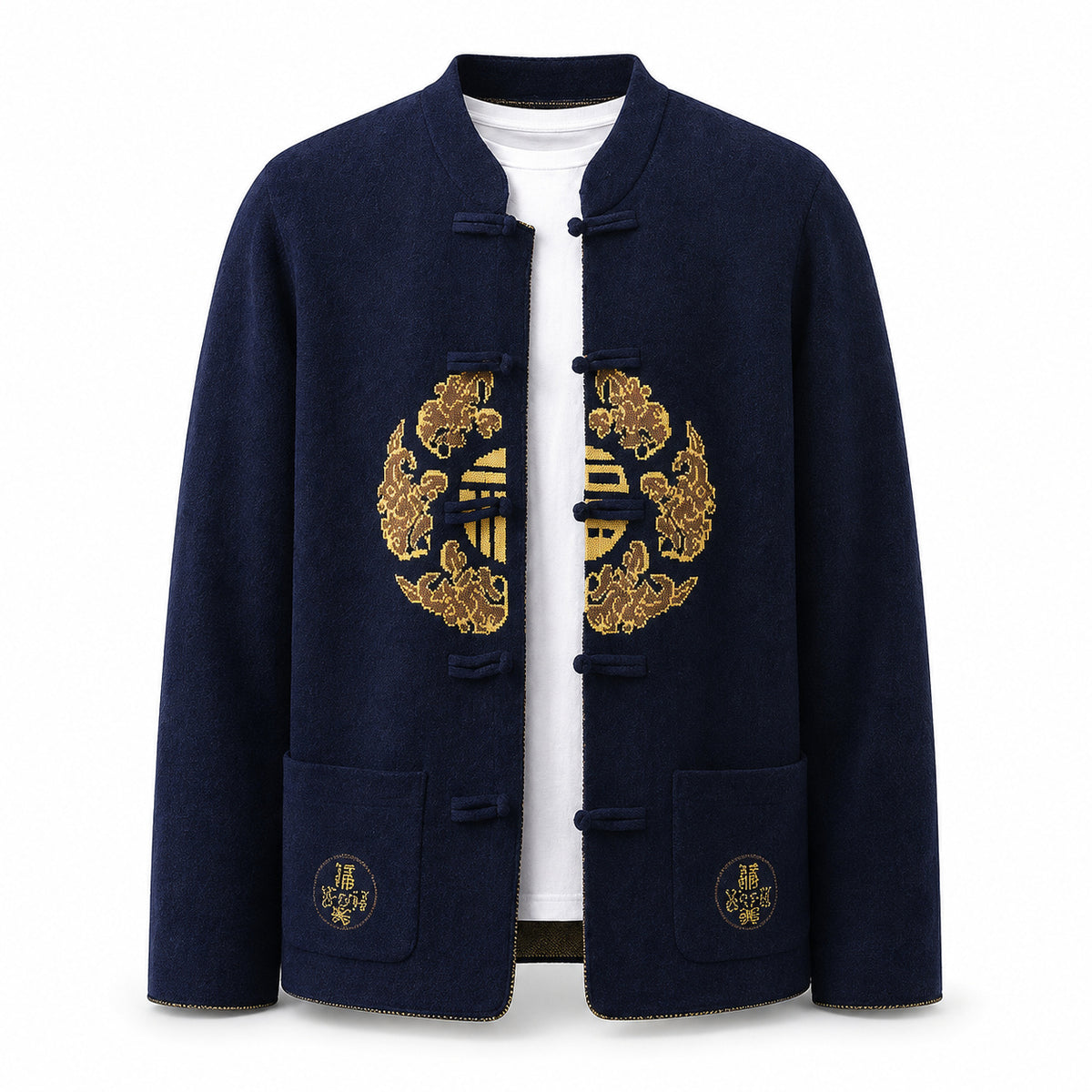 Embroidered Frog-Button Wool Cardigan – Navy & Gold