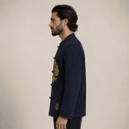 Embroidered Frog-Button Wool Cardigan – Navy & Gold