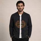 Embroidered Frog-Button Wool Cardigan – Charcoal & Gold