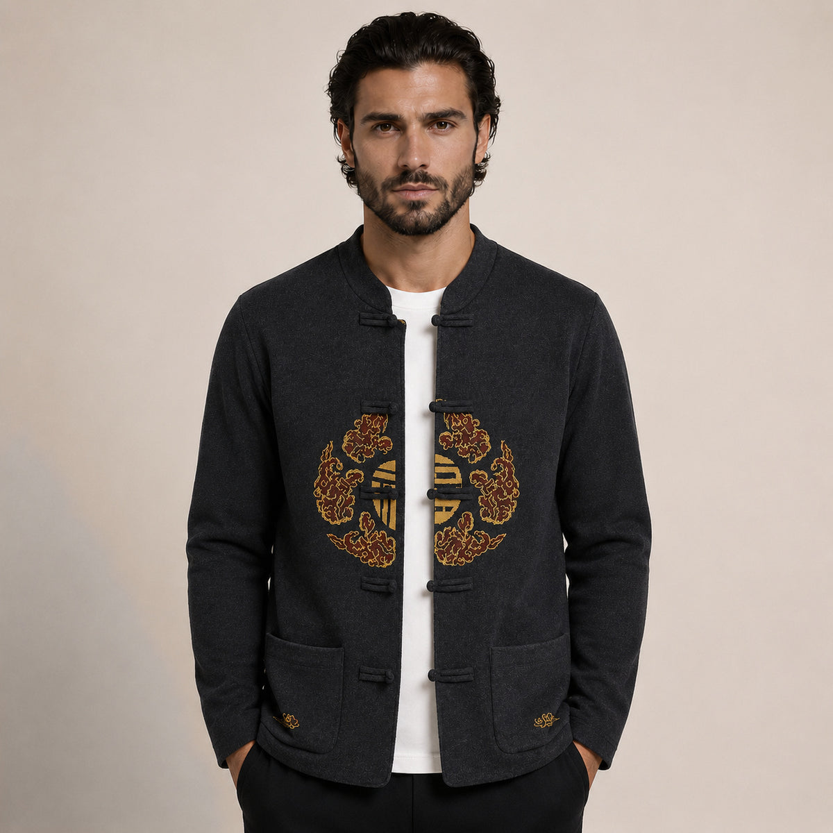 Embroidered Frog-Button Wool Cardigan – Charcoal & Gold