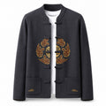 Embroidered Frog-Button Wool Cardigan – Charcoal & Gold