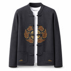 Embroidered Frog-Button Wool Cardigan – Charcoal & Gold