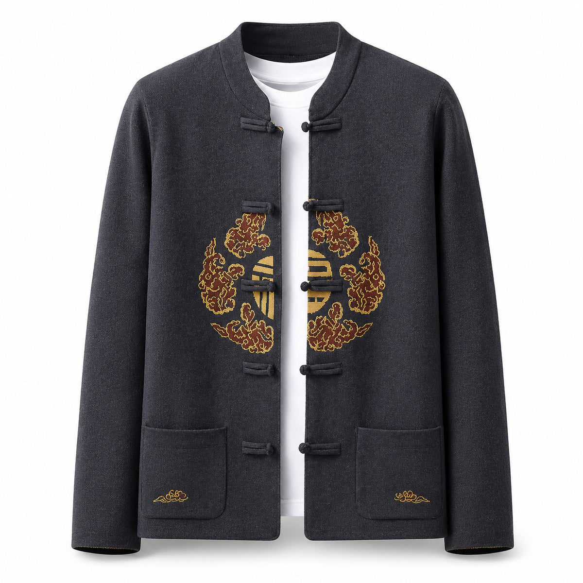 Embroidered Frog-Button Wool Cardigan – Charcoal & Gold