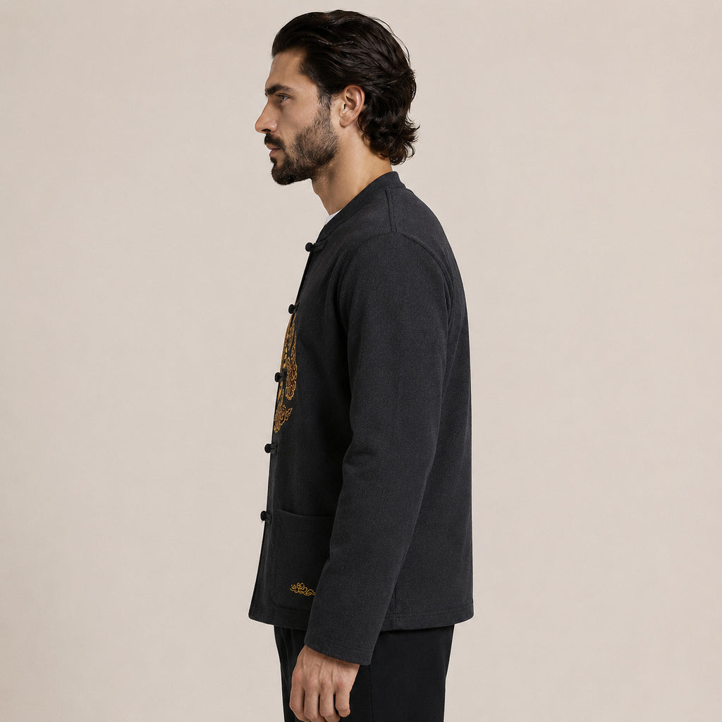 Embroidered Frog-Button Wool Cardigan – Charcoal & Gold