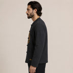 Embroidered Frog-Button Wool Cardigan – Charcoal & Gold
