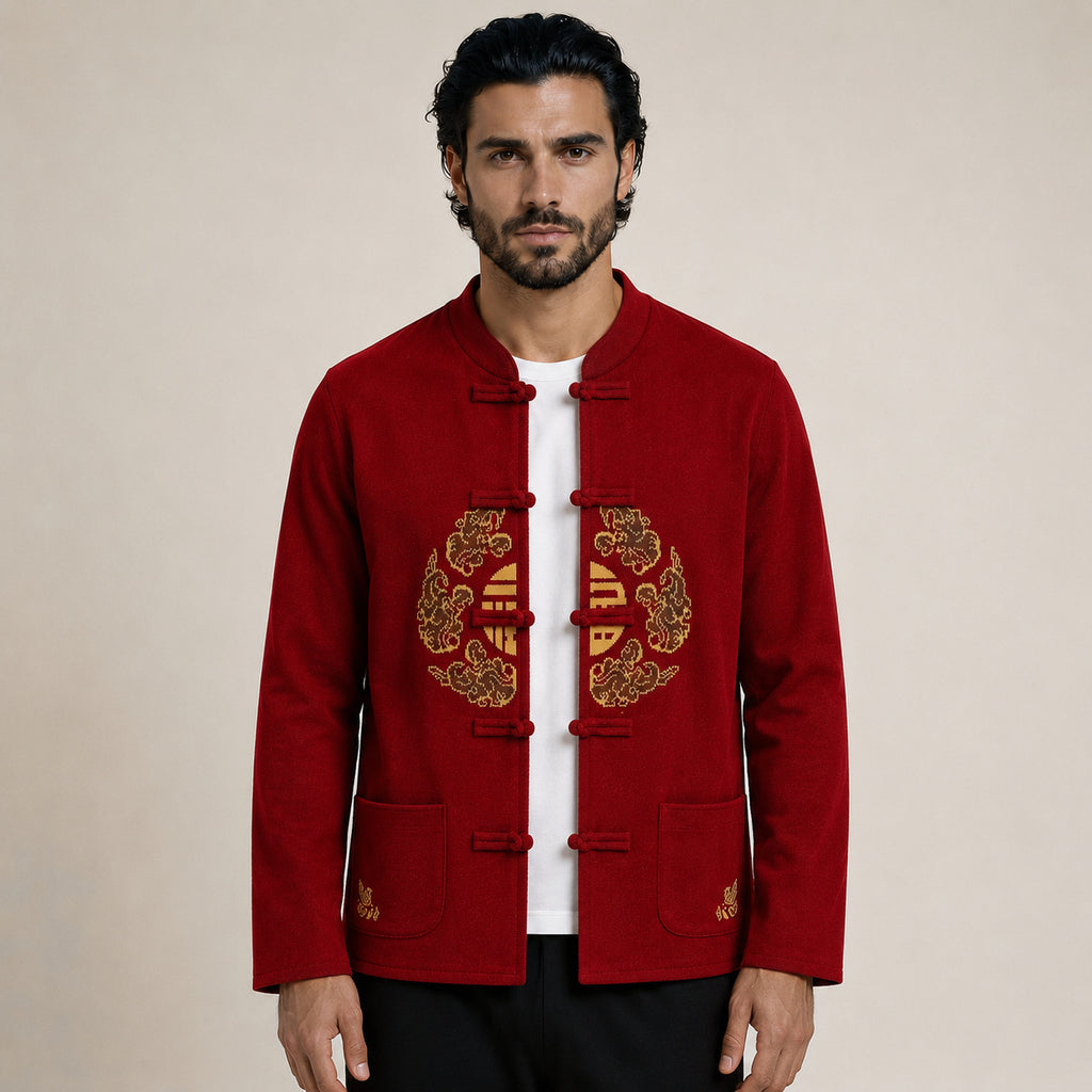 Embroidered Frog-Button Wool Cardigan – Red & Gold