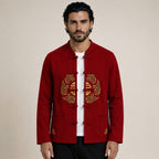 Embroidered Frog-Button Wool Cardigan – Red & Gold