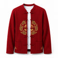 Embroidered Frog-Button Wool Cardigan – Red & Gold