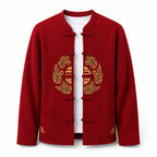 Embroidered Frog-Button Wool Cardigan – Red & Gold
