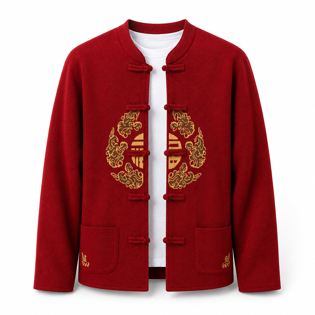 Embroidered Frog-Button Wool Cardigan – Red & Gold