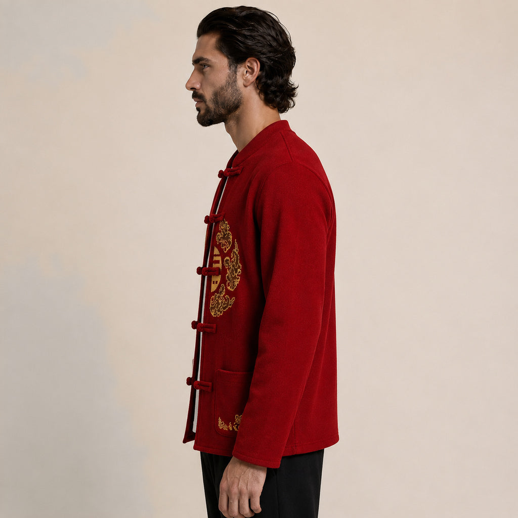 Embroidered Frog-Button Wool Cardigan – Red & Gold
