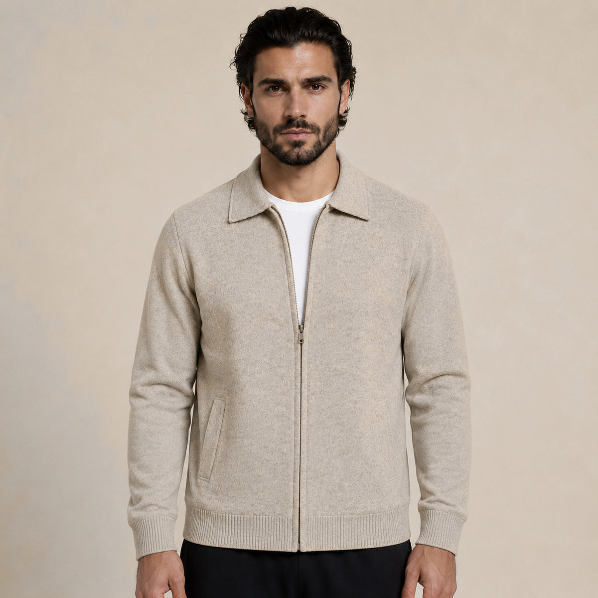 Collared Zip Wool Cardigan – Beige