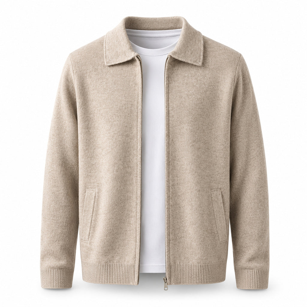 Collared Zip Wool Cardigan – Beige