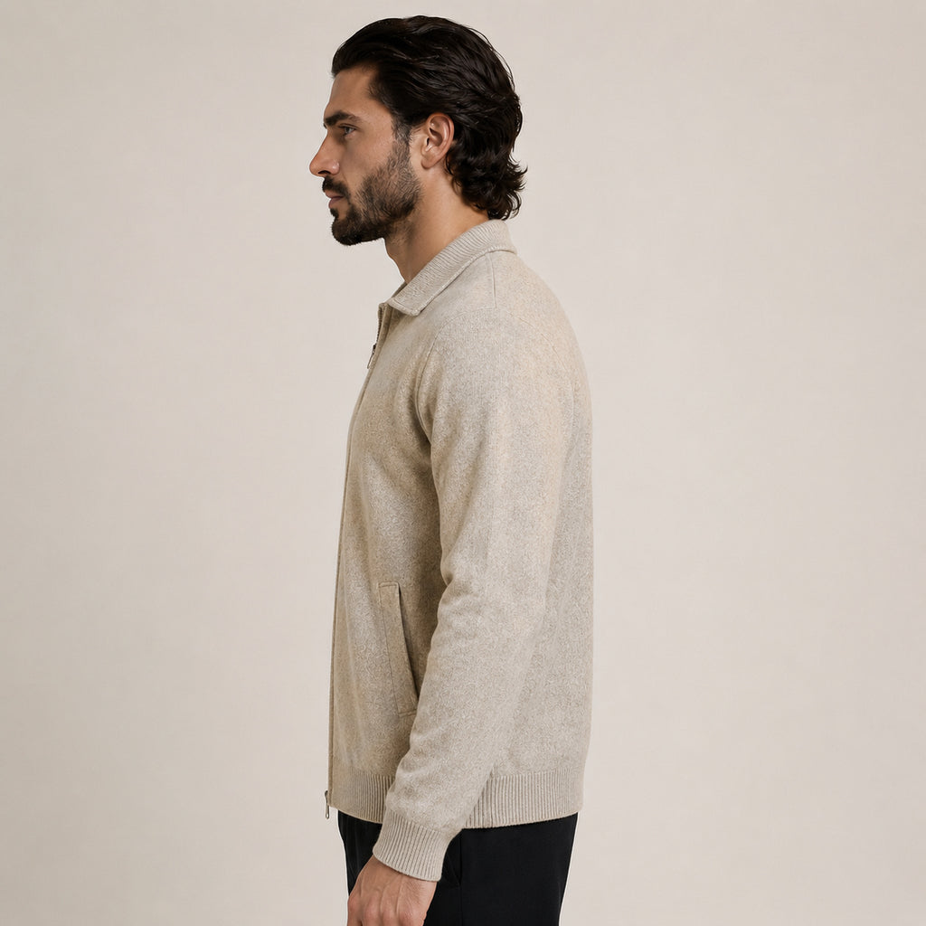 Collared Zip Wool Cardigan – Beige