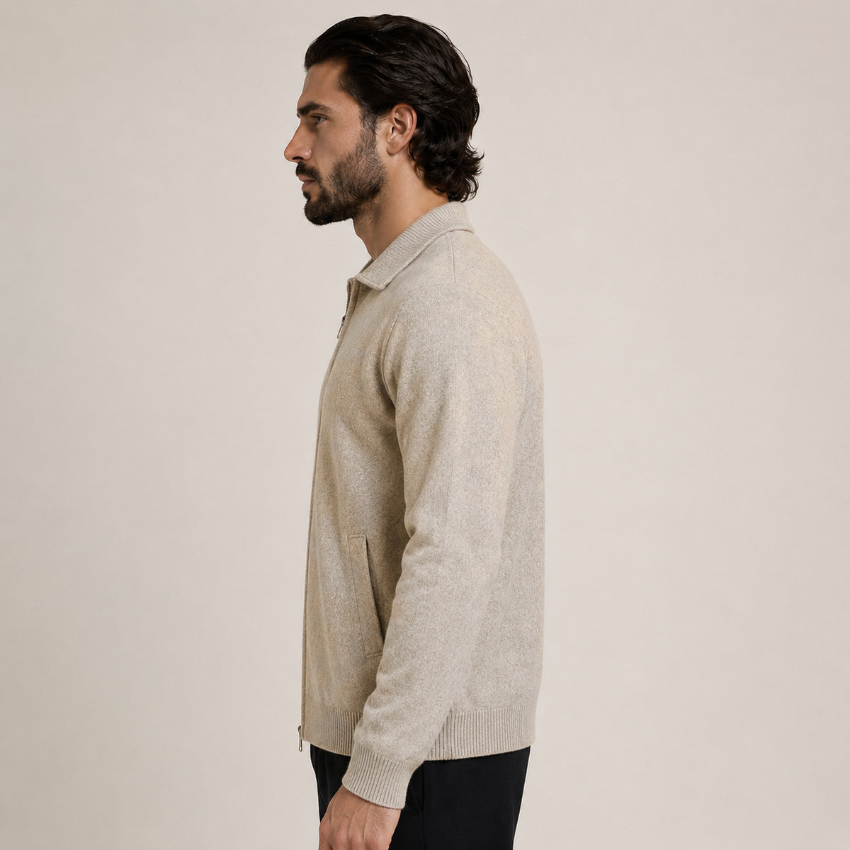 Collared Zip Wool Cardigan – Beige
