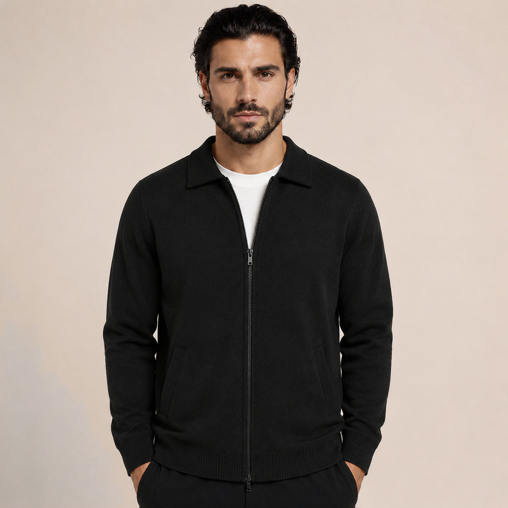 Collared Zip Wool Cardigan – Black