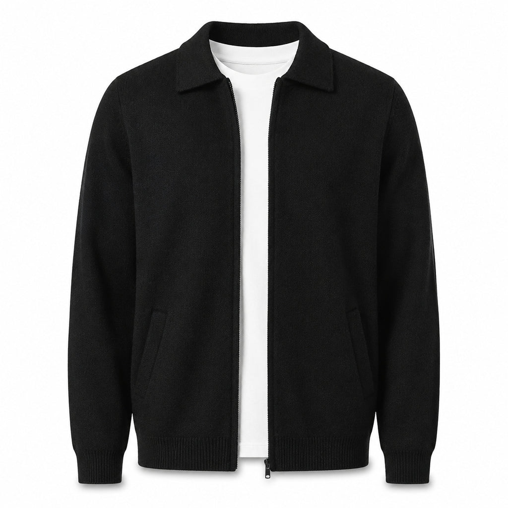 Collared Zip Wool Cardigan – Black