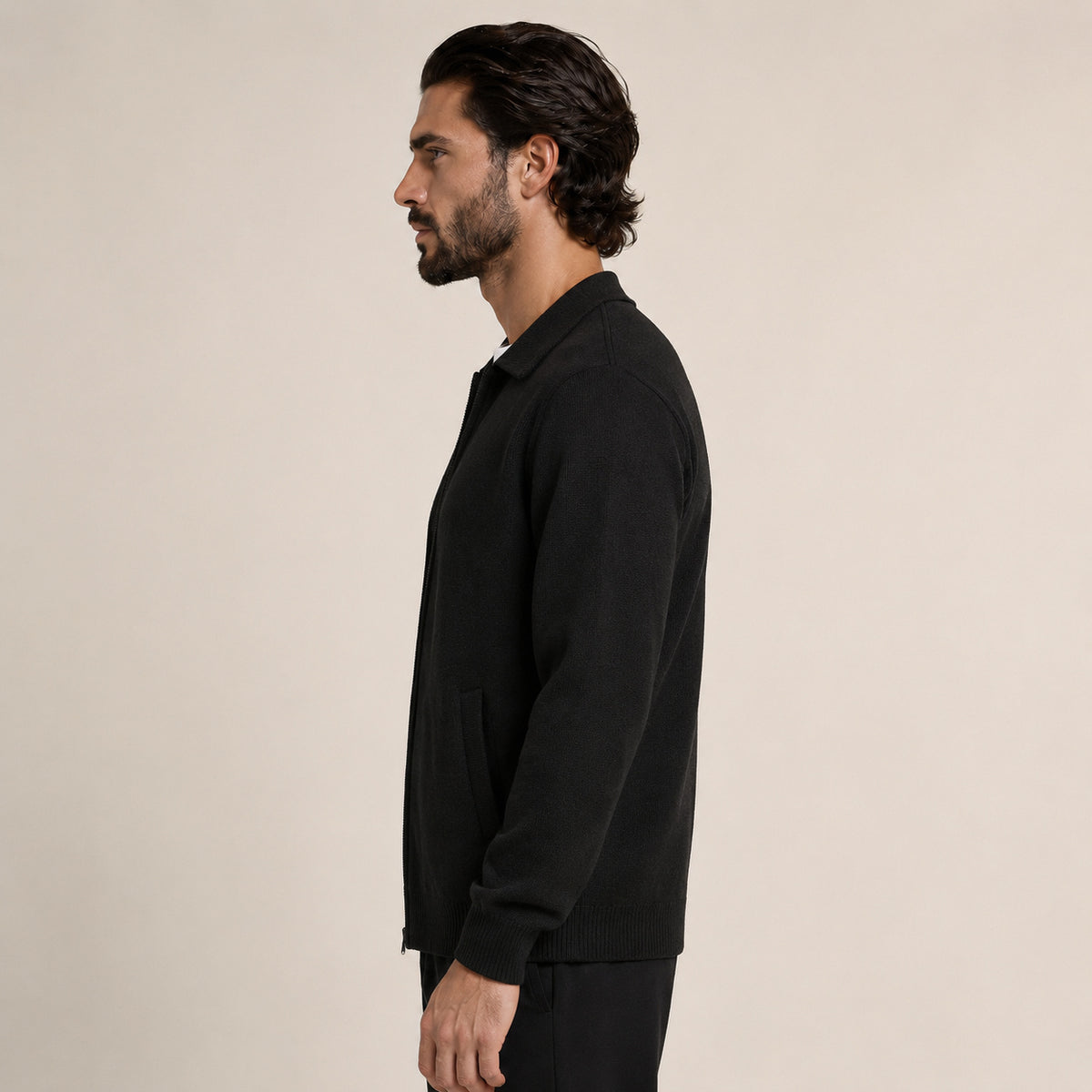 Collared Zip Wool Cardigan – Black