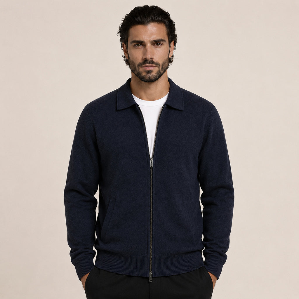 Collared Zip Wool Cardigan – Navy