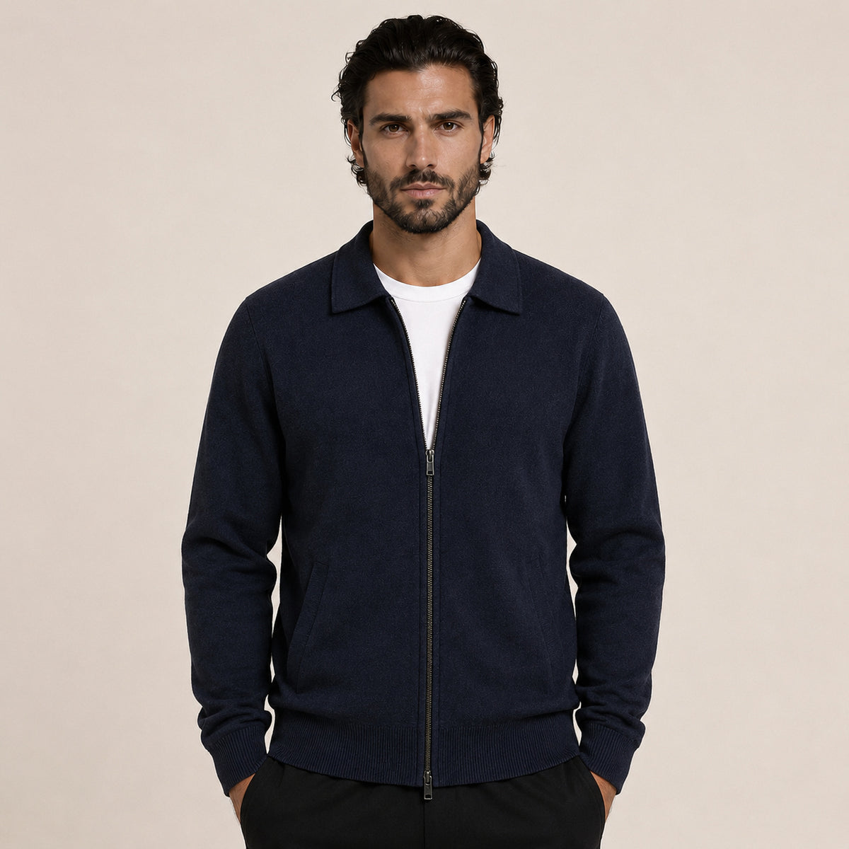 Collared Zip Wool Cardigan – Navy
