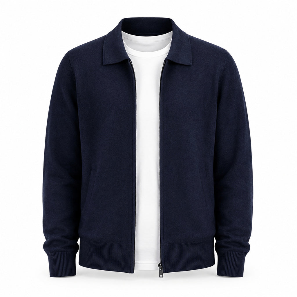 Collared Zip Wool Cardigan – Navy