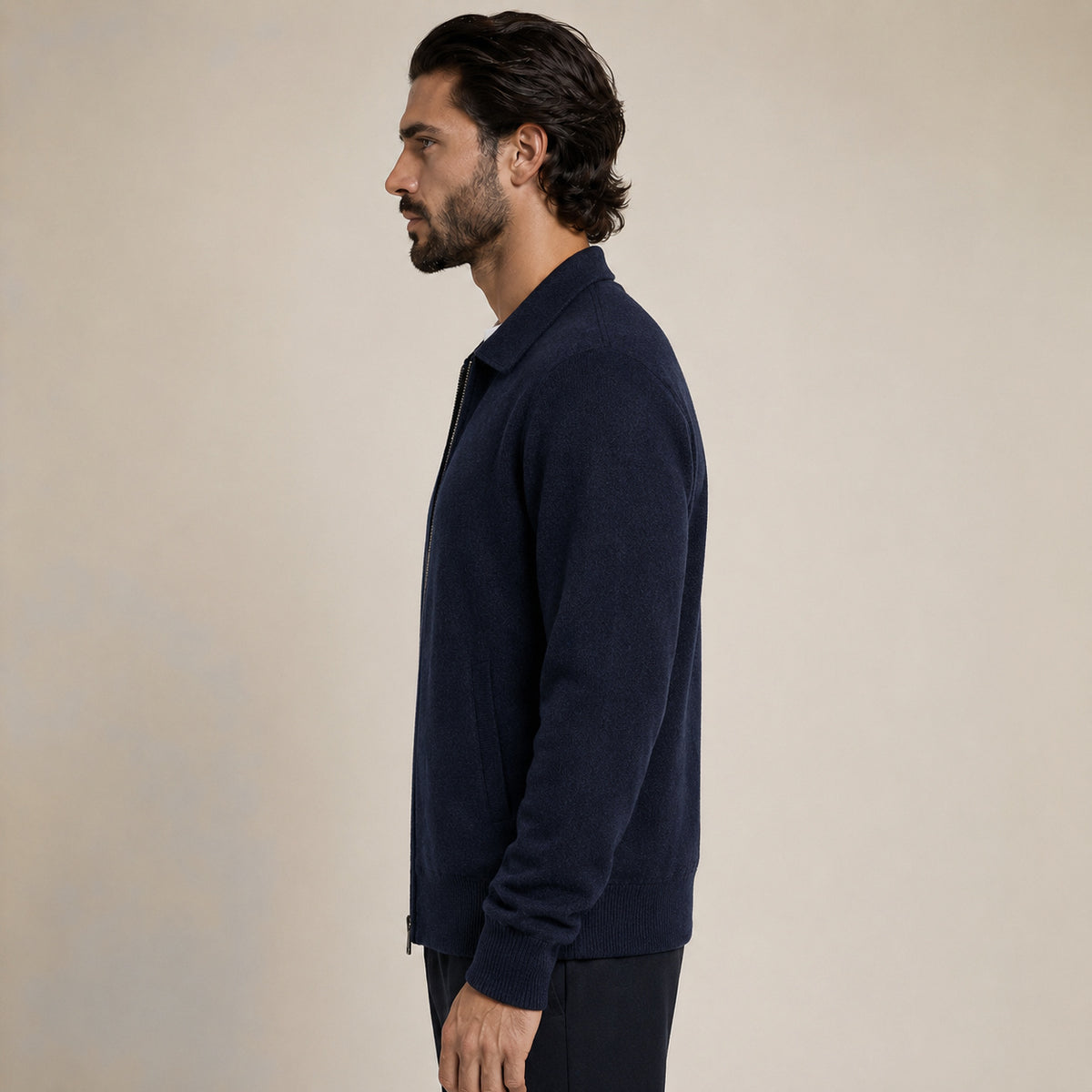 Collared Zip Wool Cardigan – Navy