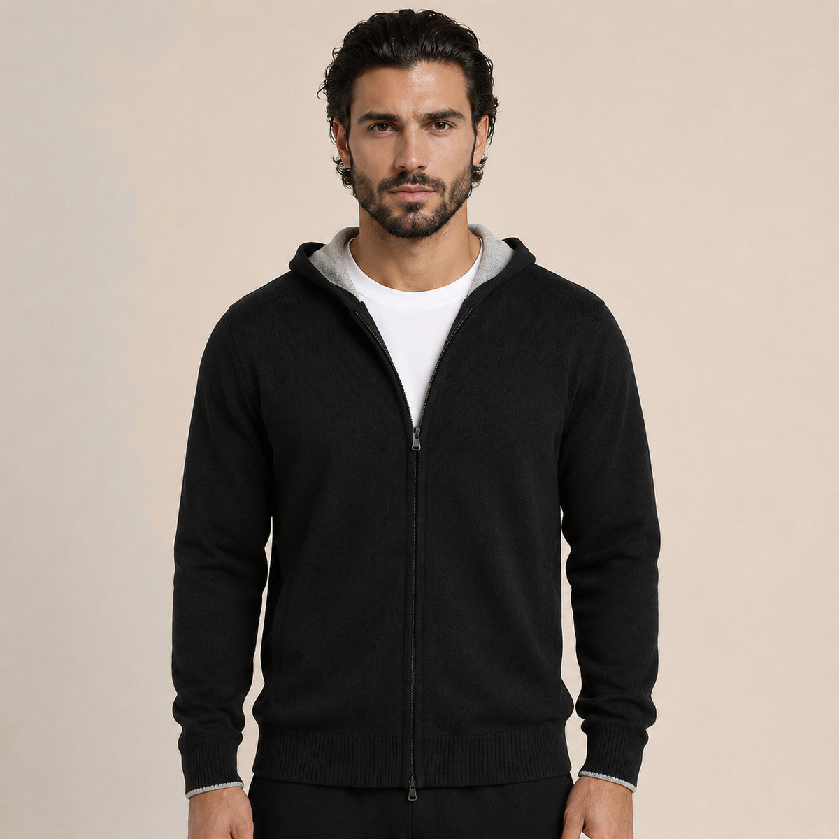 Hooded Wool Cardigan – Black