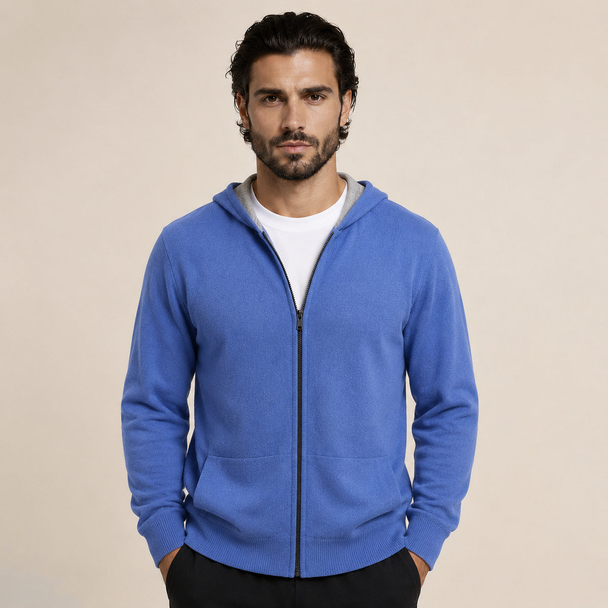 Hooded Wool Cardigan – Light Blue