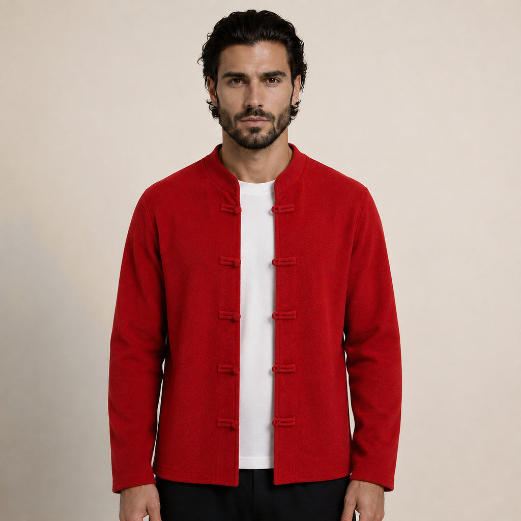 Frog-Button Wool Cardigan – Red