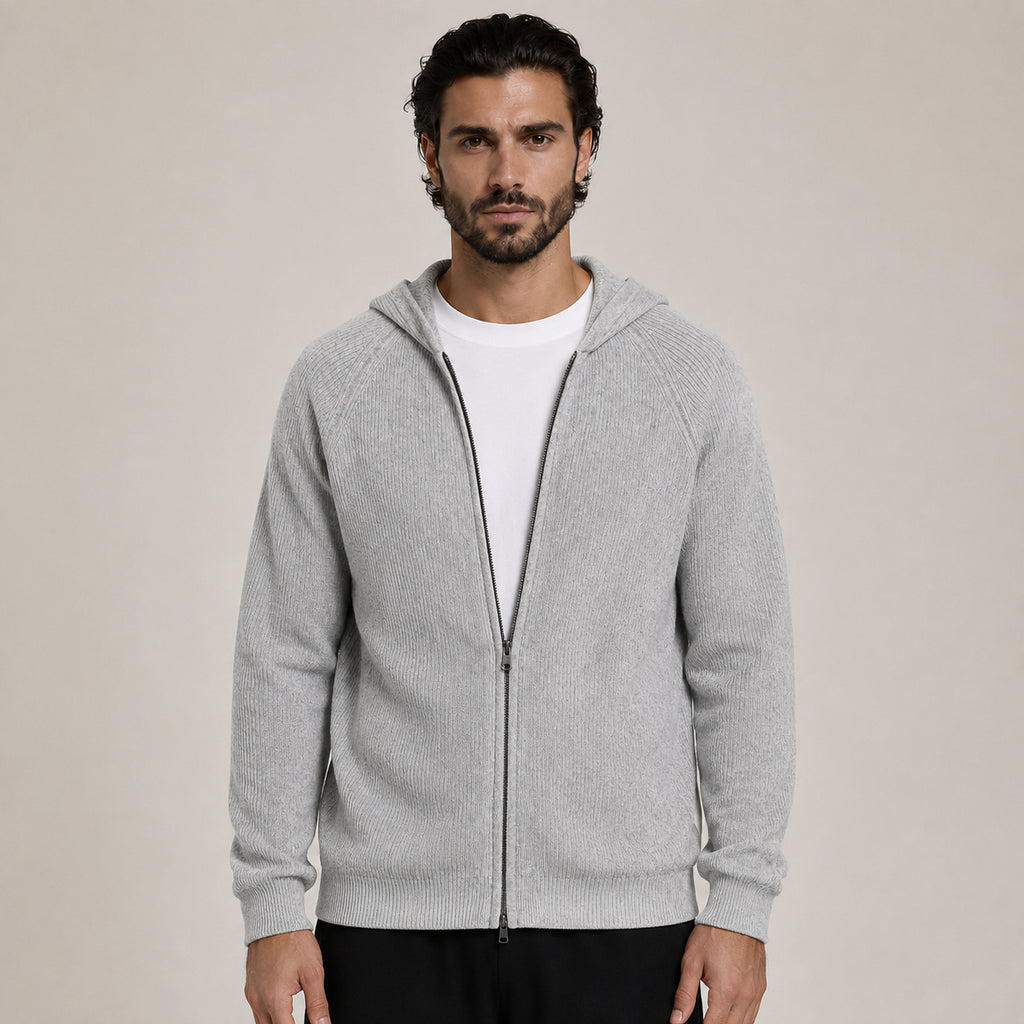 Lightweight Hooded Wool Cardigan – Light Grey