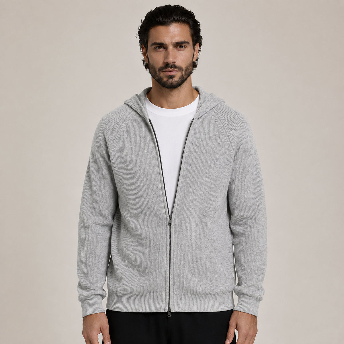 Lightweight Hooded Wool Cardigan – Light Grey
