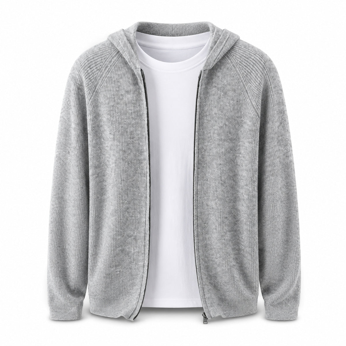 Lightweight Hooded Wool Cardigan – Light Grey