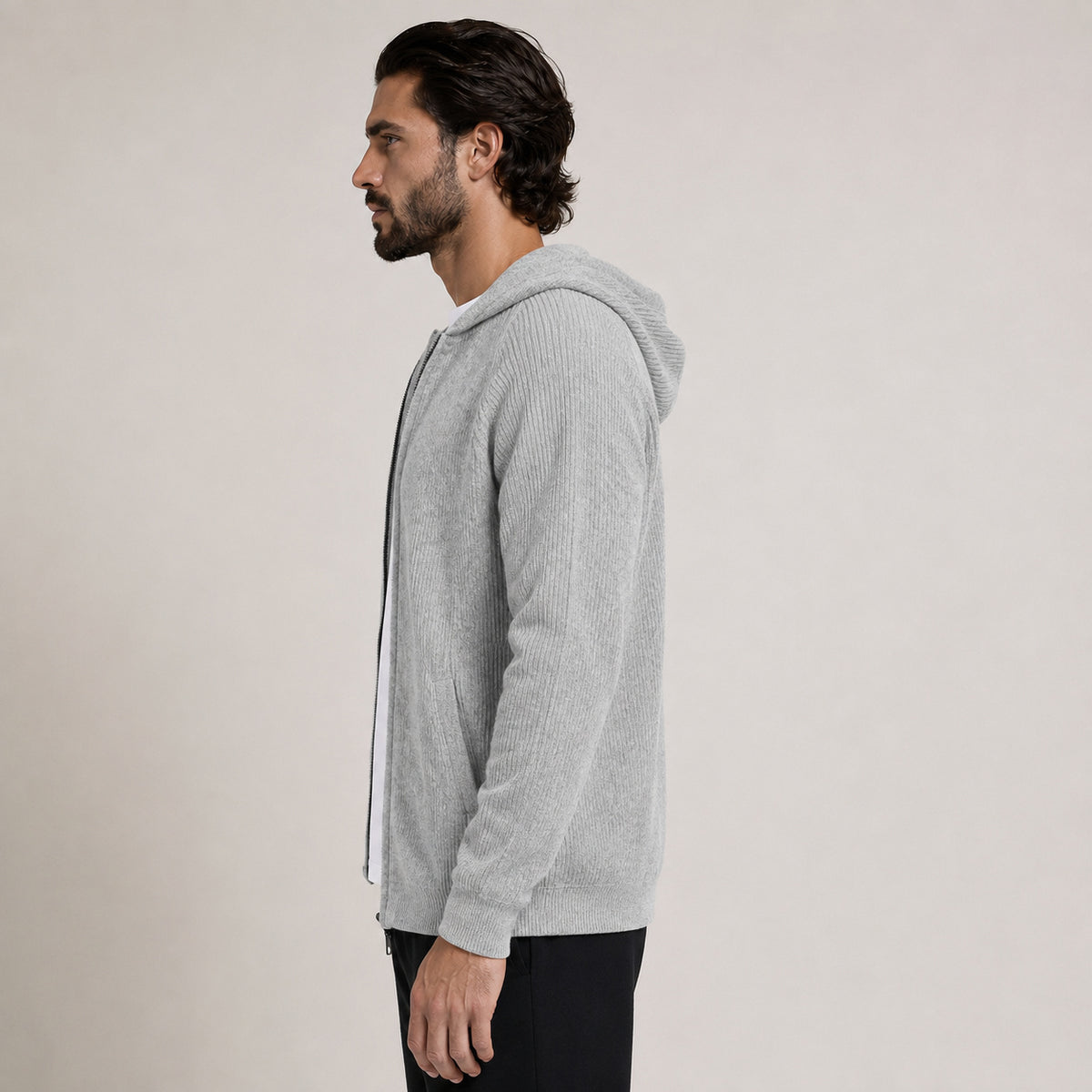 Lightweight Hooded Wool Cardigan – Light Grey