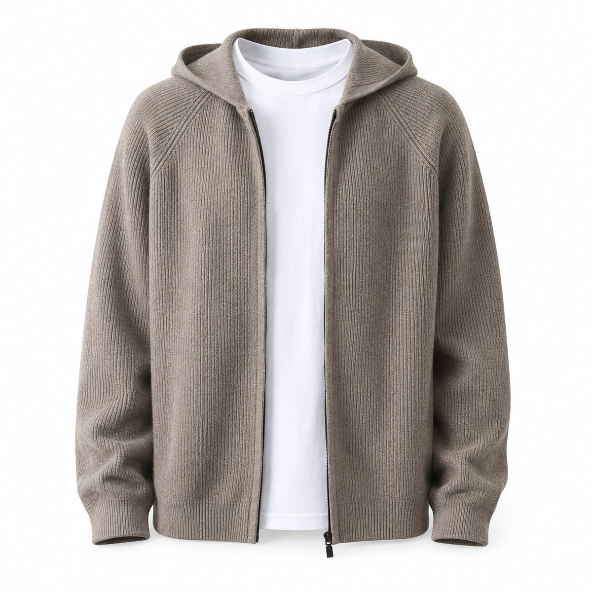 Lightweight Hooded Wool Cardigan – Taupe