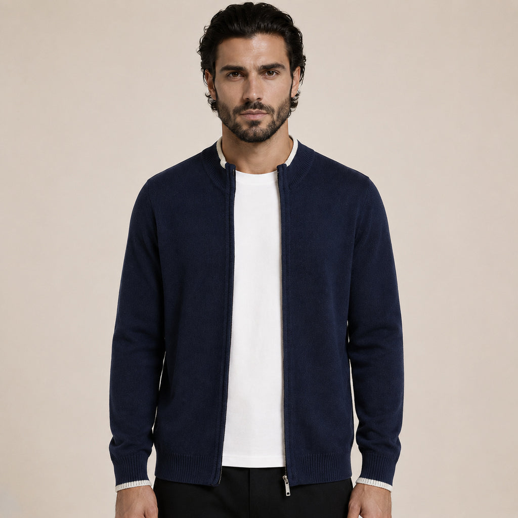 Fine-Knit Zip Wool Cardigan – Navy