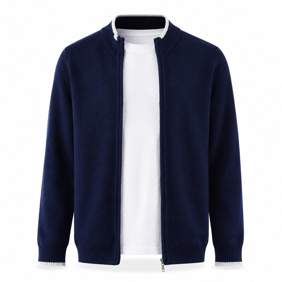 Fine-Knit Zip Wool Cardigan – Navy
