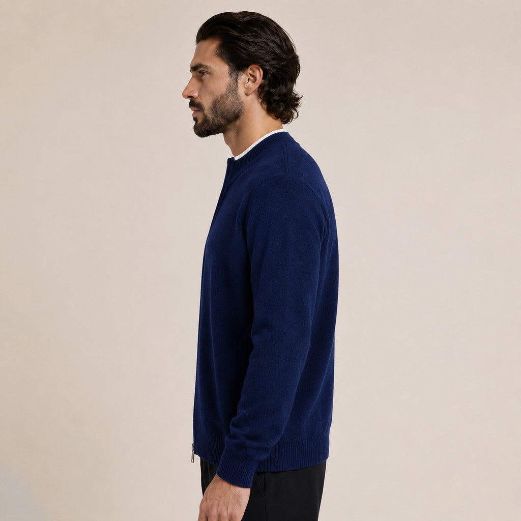 Fine-Knit Zip Wool Cardigan – Navy