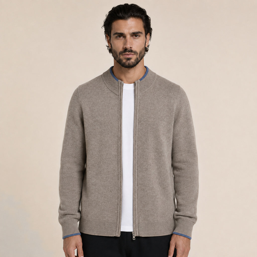 Fine-Knit Zip Wool Cardigan – Taupe