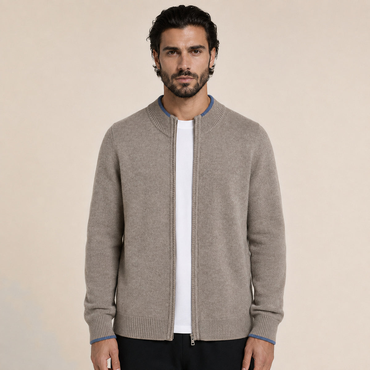 Fine-Knit Zip Wool Cardigan – Taupe
